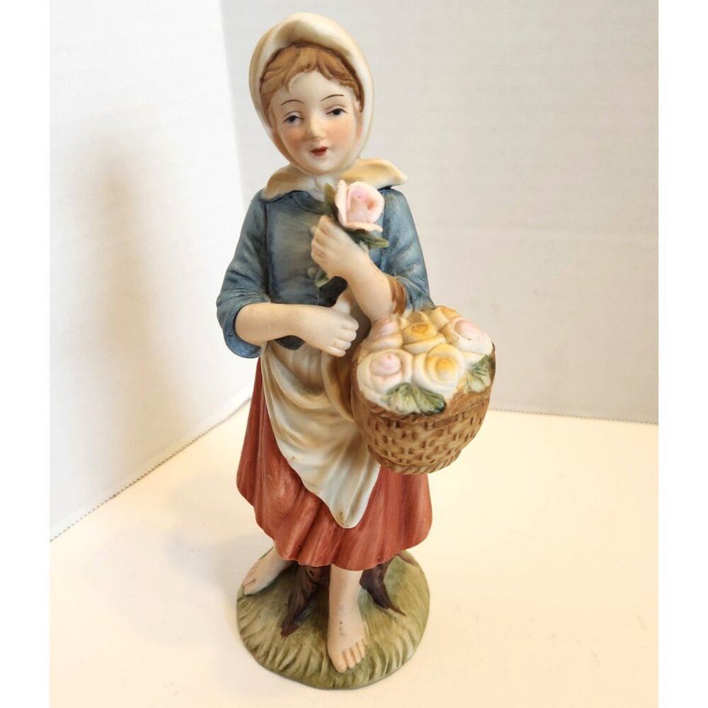 Vintage Lefton Figurine Girl Holding Basket Of Flowers Made In Japan